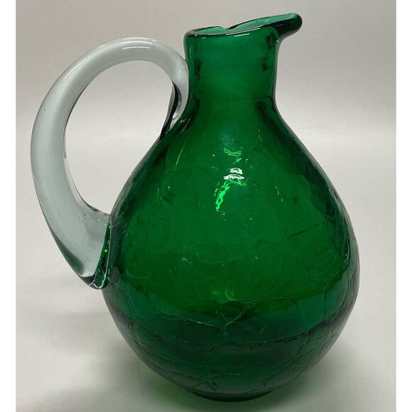 Blenko Green Art Glass Crackled Small Pitcher Clear Handle - Picture 4 of 7